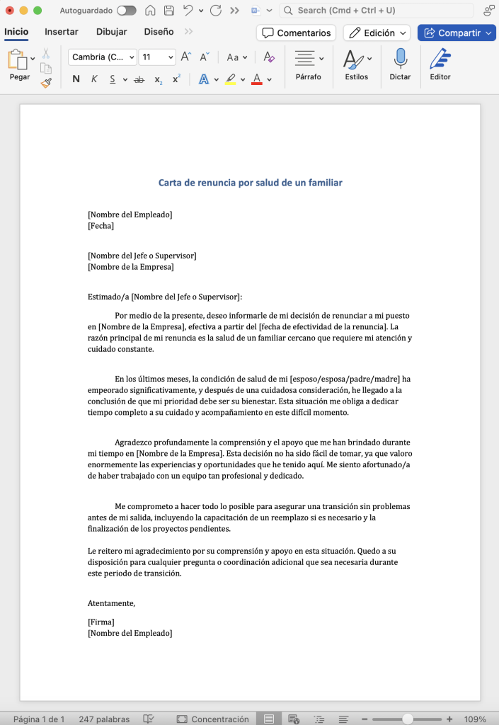 Carta de renuncia por salud de un familiar